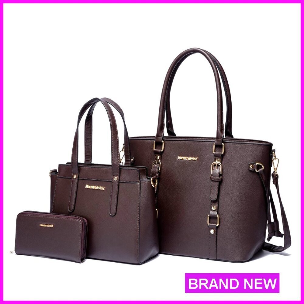 PU Leather Tote Satchel Set with Adjustable Strap, 3-Piece Purse Bundle
